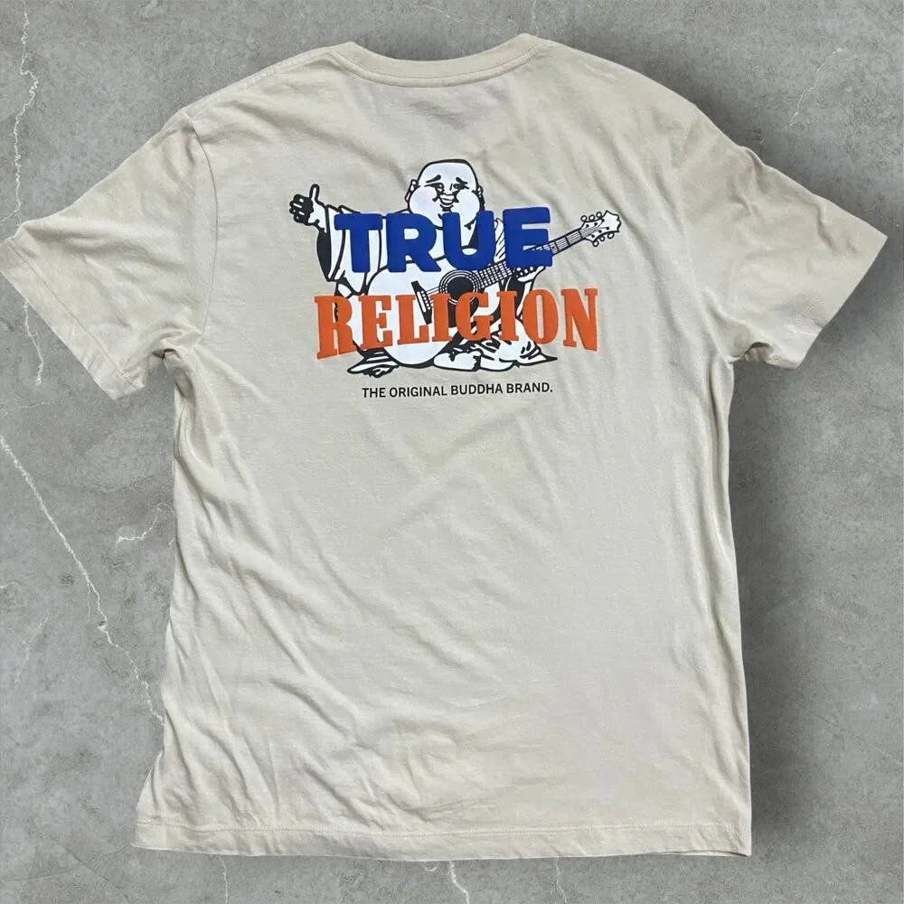 True Religion Basic Fit Tan Brown Buddha Logo T-Shirt Cotton Men's Size Large